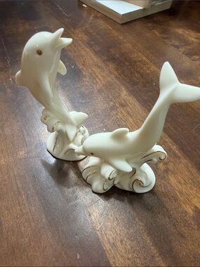 Vintage Lenox Ceramic Dolphin Figurine Pair - Cream with Gold Accents